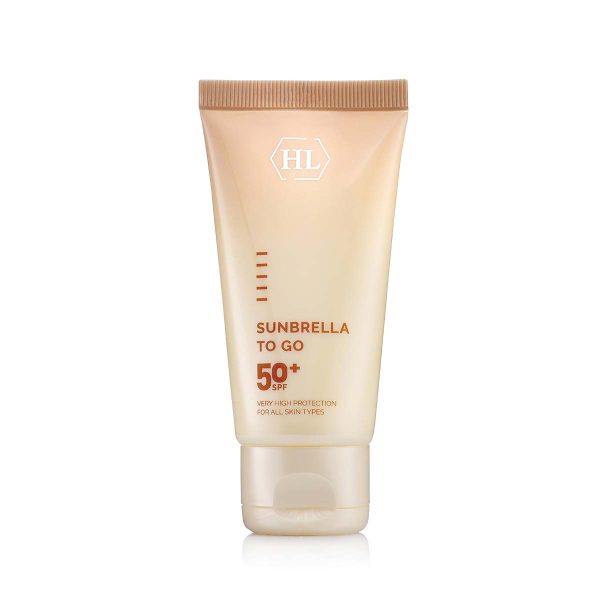 SPF 50+ sun protection sunscreen tube, beige cream with flip-top cap, HL logo