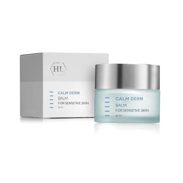 Calm Derm balm jar with silver lid, shown with white box