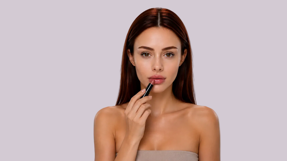 A woman with long dark brown hair applies a lip product with a black-handled applicator. She is wearing a beige strapless top against a solid gray studio background.