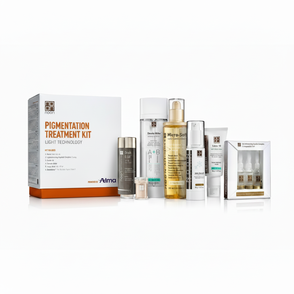 Pigmentation treatment kit box with assorted serum bottles and tubes