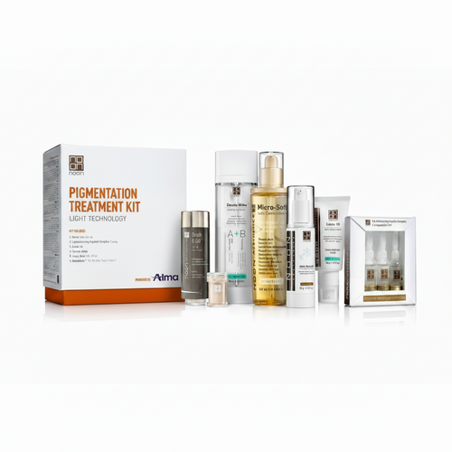 Pigmentation treatment kit box with assorted serum bottles and tubes