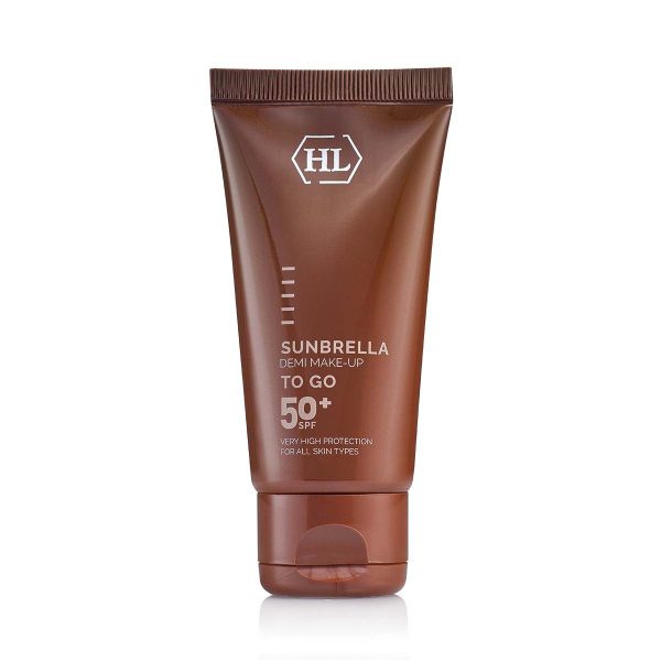 Sunbrella SPF 50+ demi make-up tube, brown tinted squeeze tube with HL logo