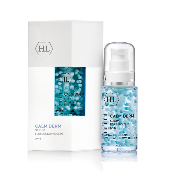 Calm derm face serum with pump bottle and box, clear blue liquid, white cap