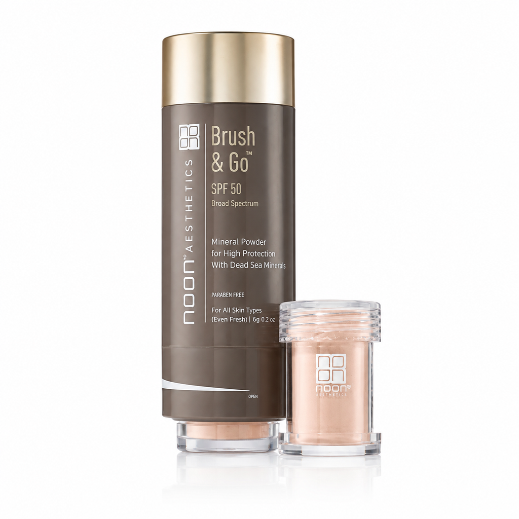 Skincare mineral powder brush & go SPF 50 bottle with compact jar