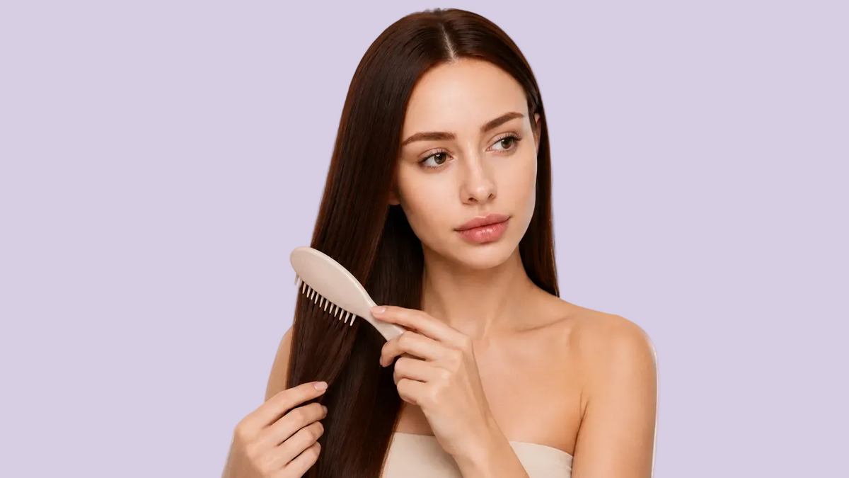A woman with long, straight dark brown hair uses a light beige hairbrush to comb through her hair, shown against a plain light gray background.
