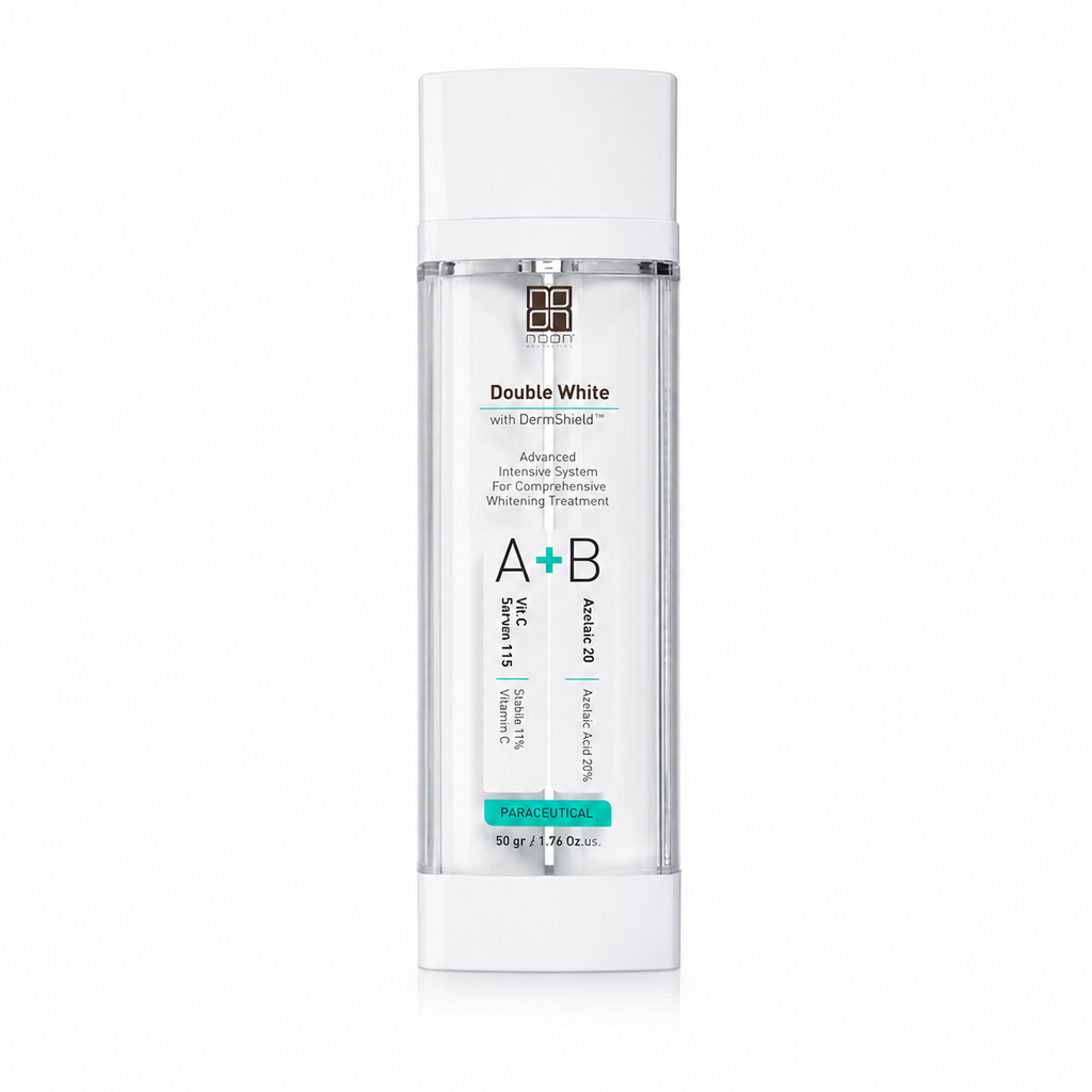 Whitening serum bottle with white cap and clear container
