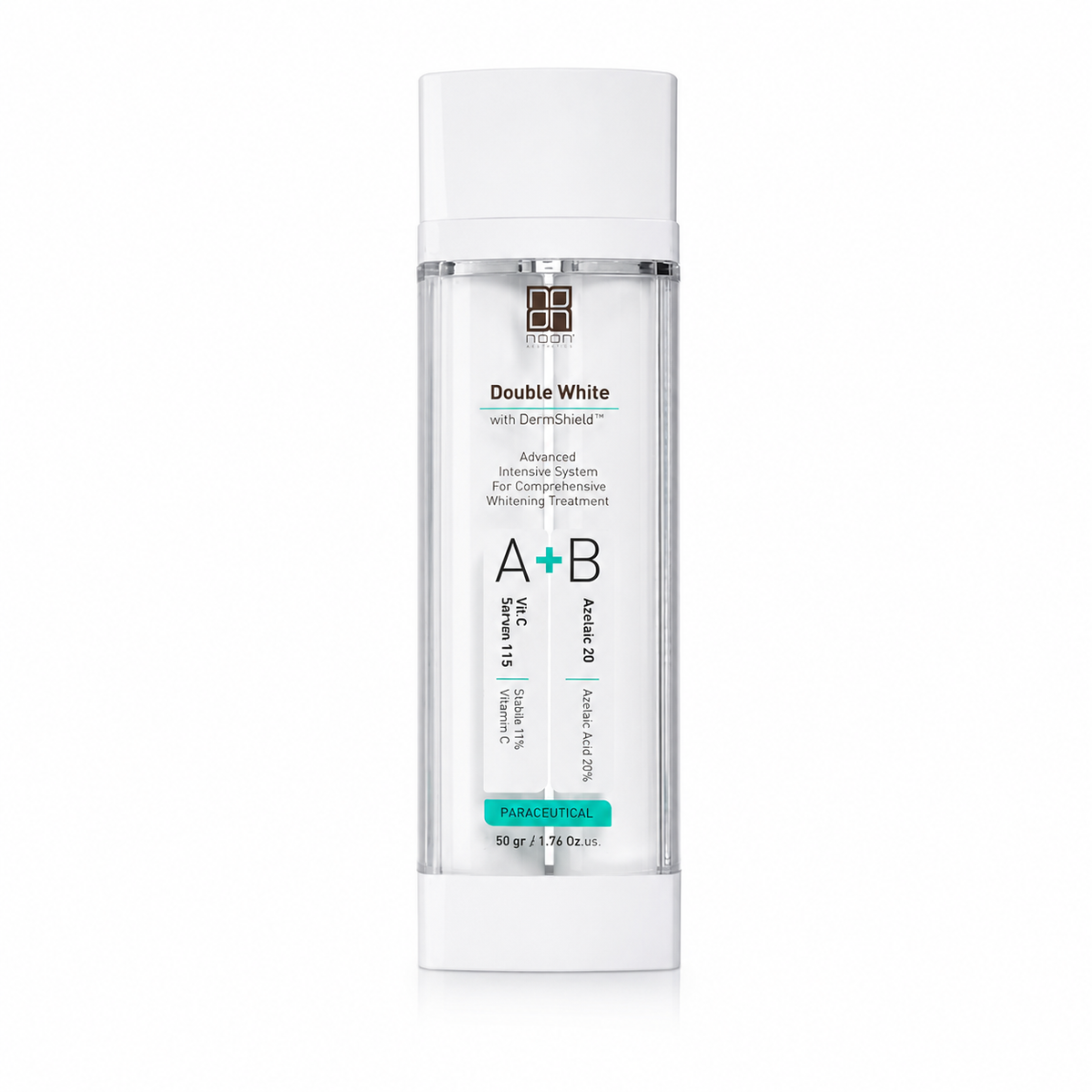 Whitening serum bottle with white cap and clear container