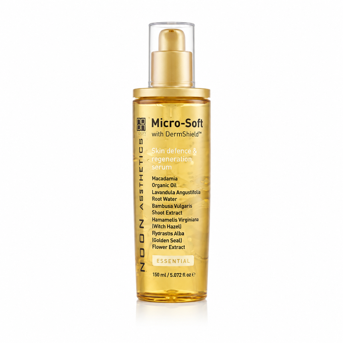 Micro-soft skincare serum bottle with gold pump and amber liquid
