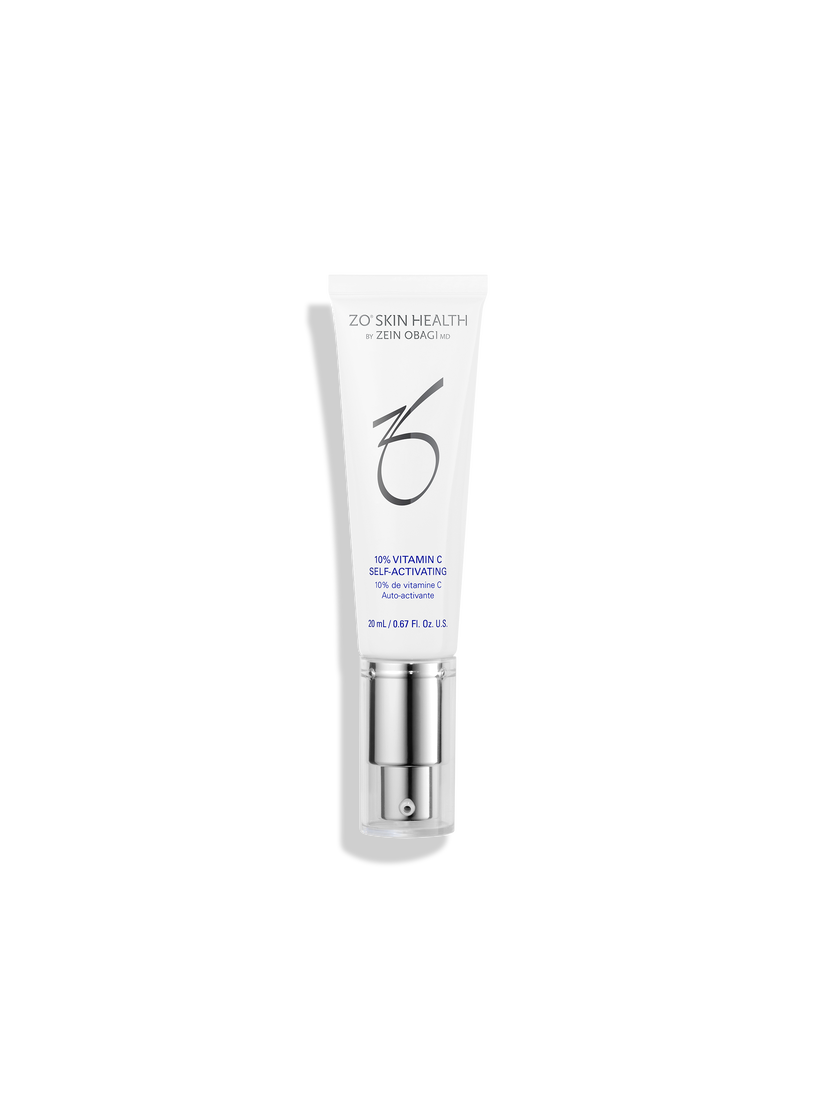 A white cosmetic tube with a silver pump bottle, labeled 'ZO Skin Health' and 'My Vitamin Self-Activating Eye Cream', set against a plain white background with a soft shadow.