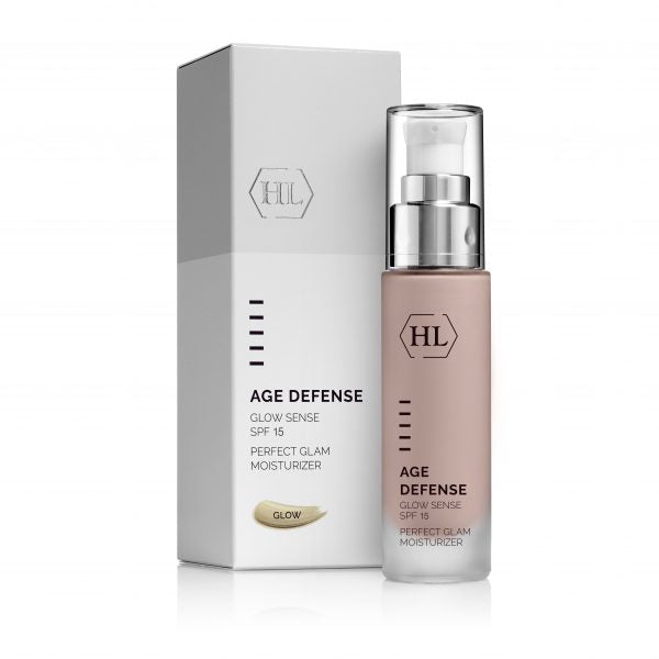 Age Defense SPF 15 glow moisturizer bottle with pump, beside matching box