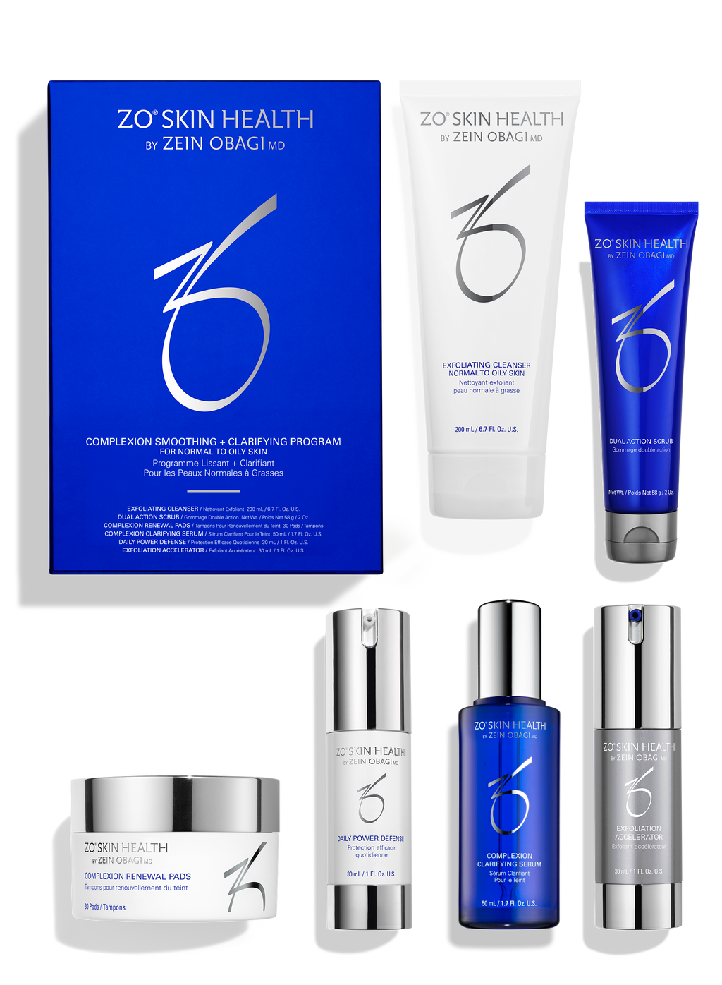 ZO Skin Health smoothing skincare program set: blue box, tubes, bottles, and jar.