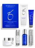 ZO Skin Health smoothing skincare program set: blue box, tubes, bottles, and jar.