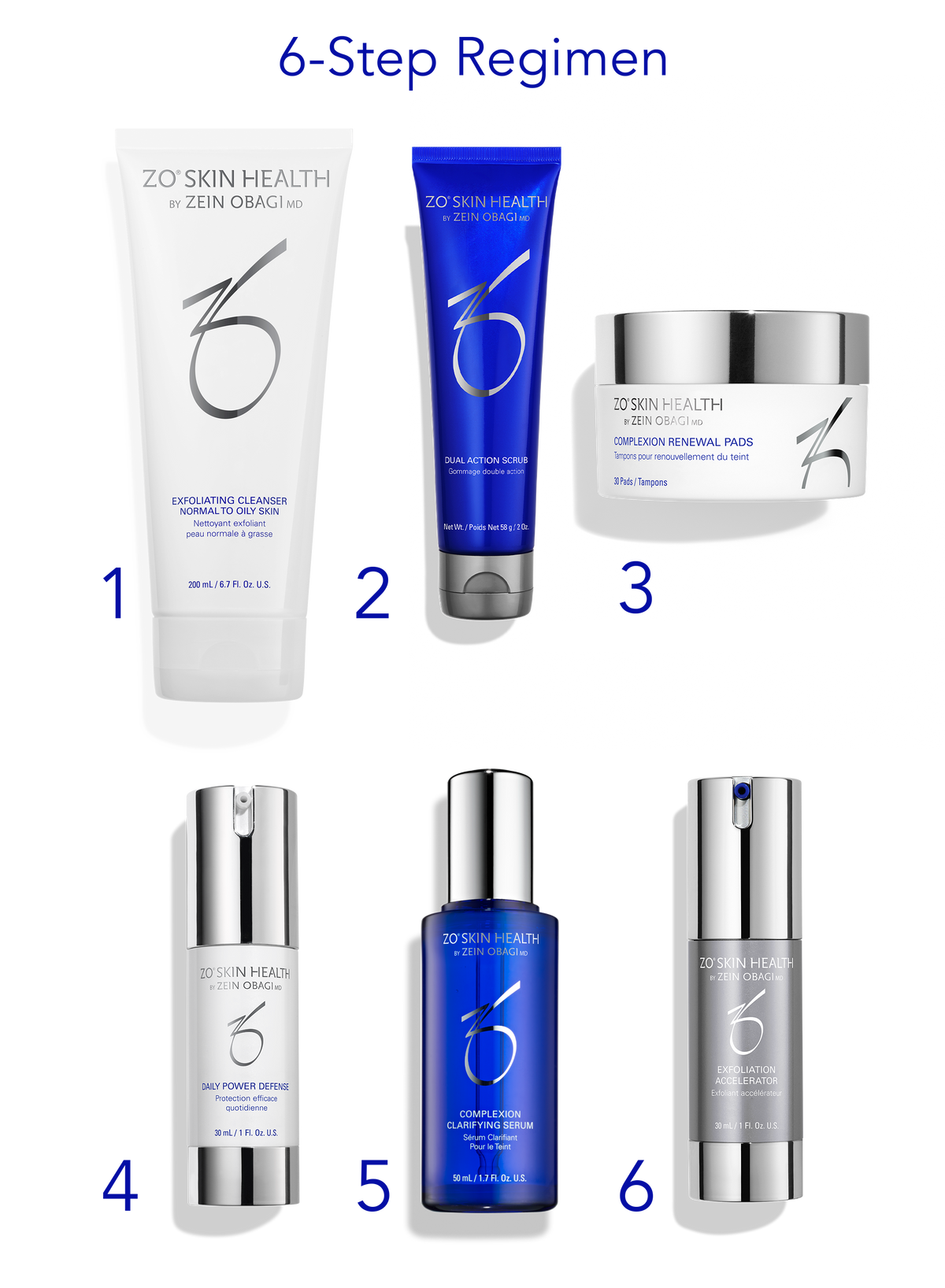 ZO Skin Health smoothing skincare set: large white cleanser tube, blue serum bottle, jar.