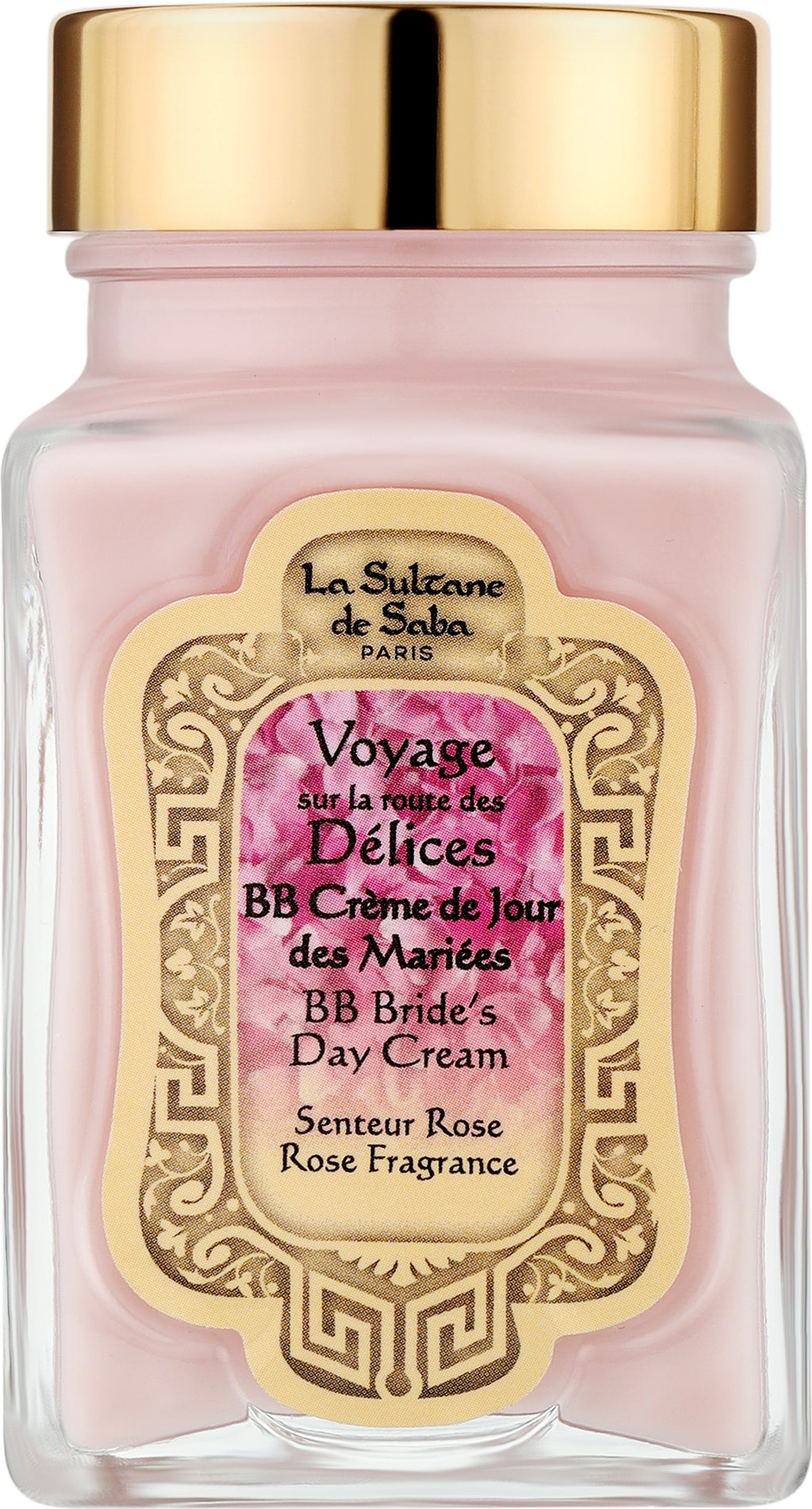 A glass bottle of La Sultane de Saba Paris 'BB Bride's Day Cream' rose fragrance, featuring a light pink cream inside, a gold metallic cap, and an ornate gold and pink label.