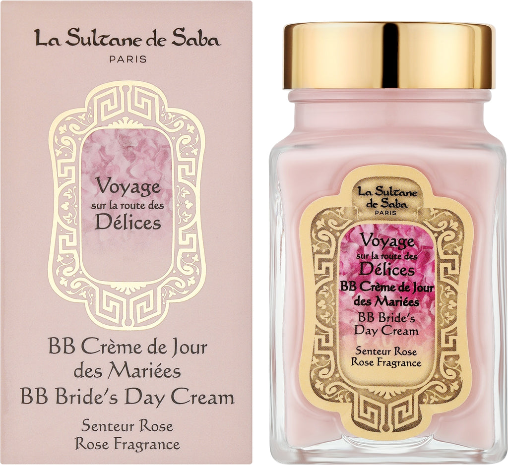 La Sultane de Saba BB Crème de Jour / BB Bride's Day Cream in a pink bottle with a gold cap, shown next to its pink packaging box.