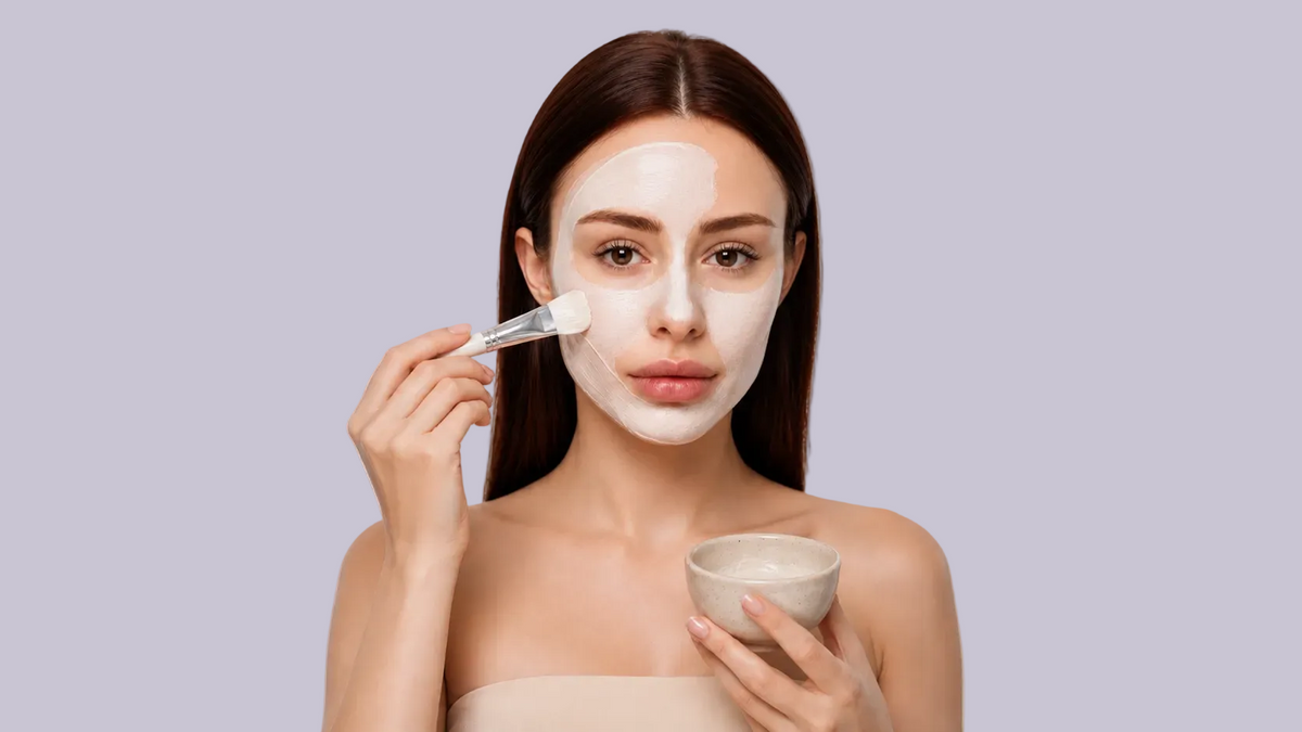 A woman with a white face mask applies a cosmetic product with a brush while holding a small bowl against a light gray background.