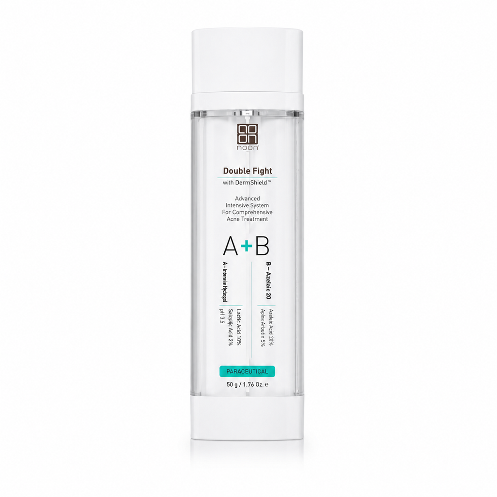 ALMA & NOON Double Fight acne treatment bottle, clear cylinder with white cap
