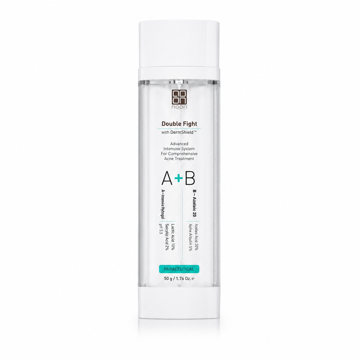 ALMA & NOON Double Fight acne treatment bottle, clear cylinder with white cap
