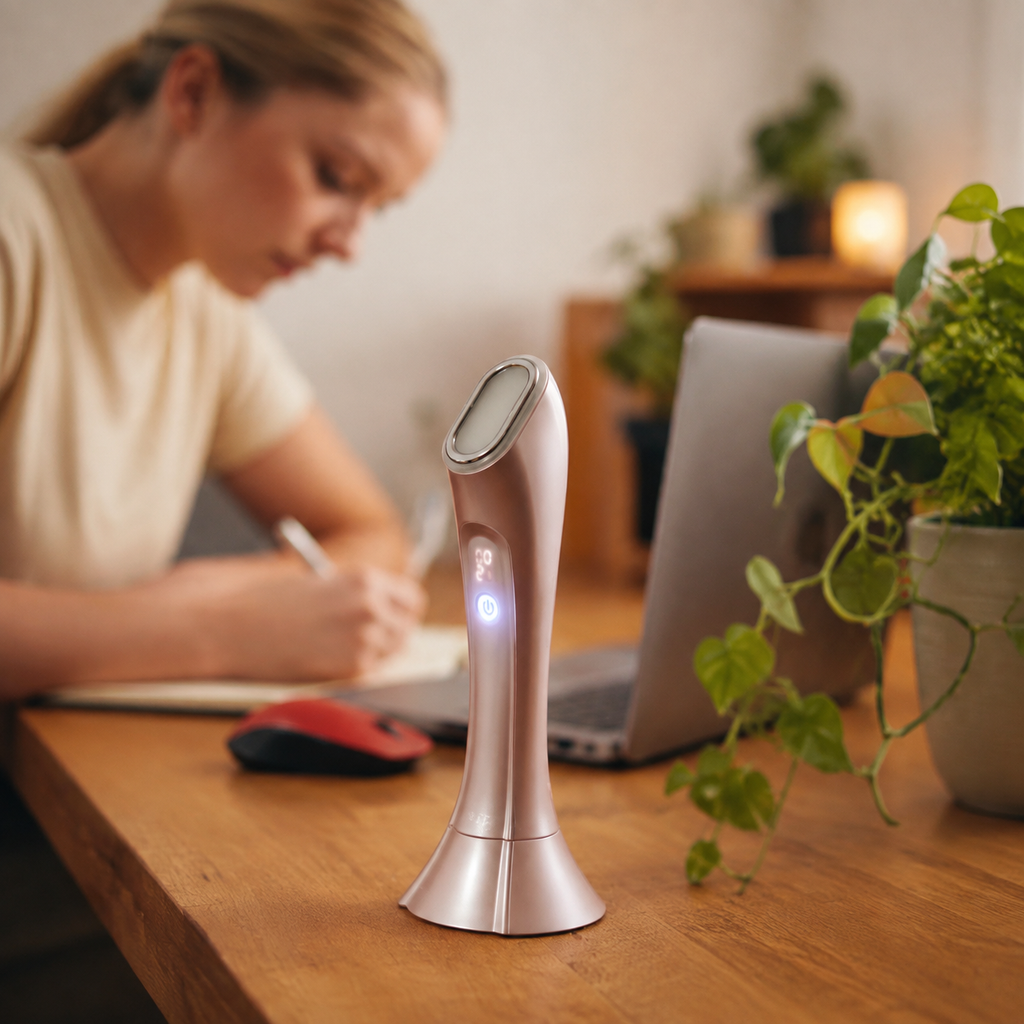 Rose-gold LED facial device standing on a desk with glowing head