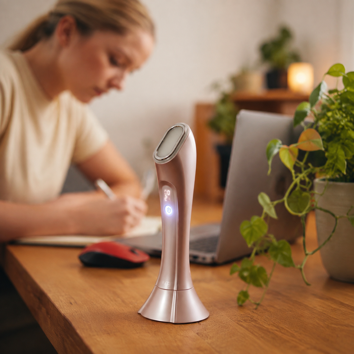Rose-gold LED facial device standing on a desk with glowing head