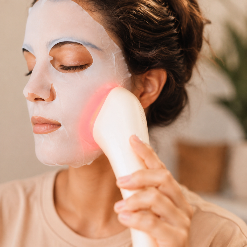Rose-gold LED facial device in hand, emitting a soft skincare glow