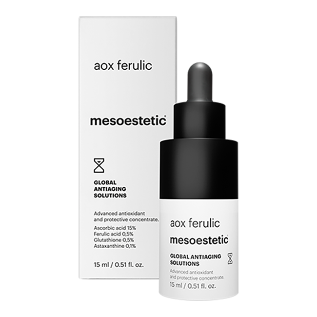 Mesoestetic Aox Ferulic antioxidant facial serum bottle and box, 15 ml