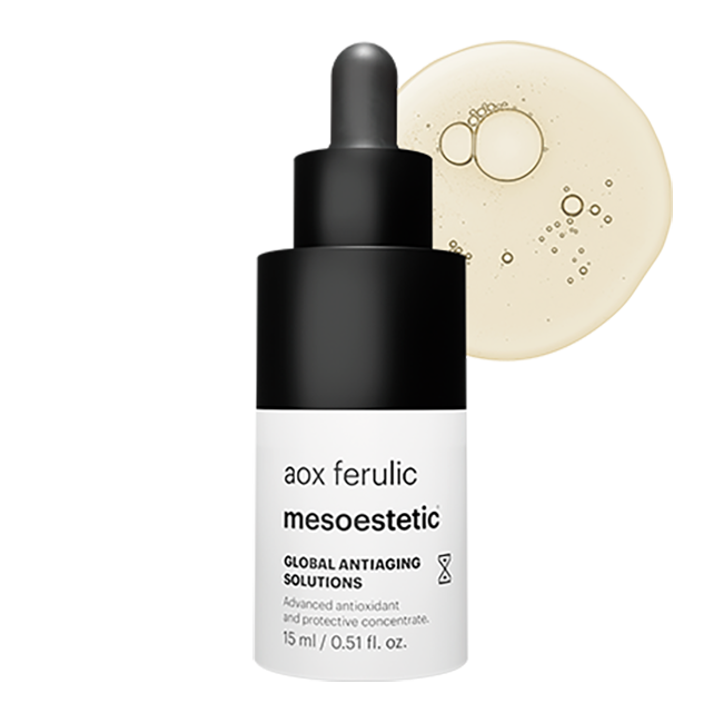 Mesoestetic Aox Ferulic antioxidant serum bottle with pale cream droplet swatch