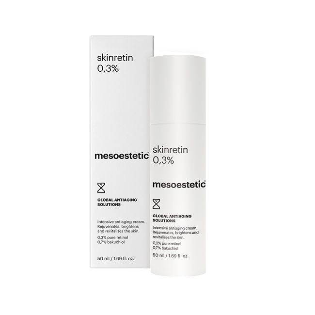 Mesoestetic Skinretin 0.3% antiaging cream bottle and box, white