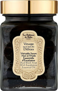 A glass jar of La Sultane de Saba Real Black Soap With Eucalyptus Essential Oil  Real Black Soap with Eucalyptus Essential Oil, featuring a shiny gold lid and a beige label.