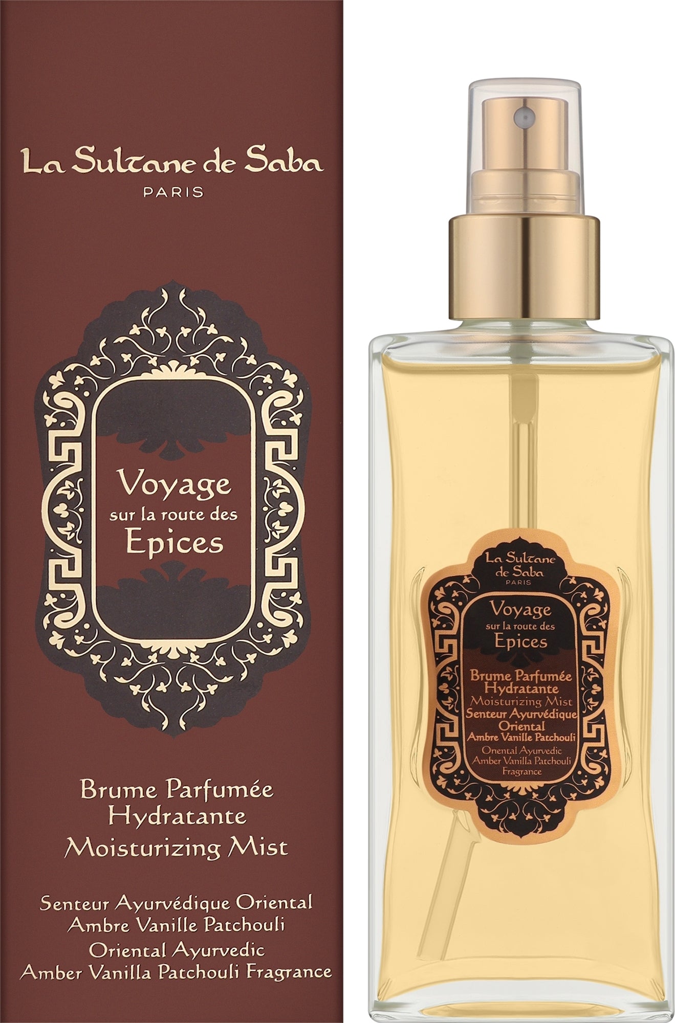 La Sultane de Saba 'Voyage sur la route des Epices' moisturizing mist, shown as a clear glass spray bottle filled with amber liquid next to its dark brown packaging box.