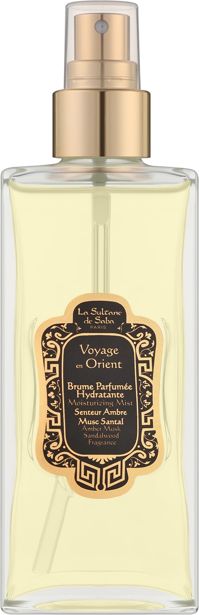 A clear rectangular spray bottle filled with pale yellow liquid, featuring a metallic gold pump and collar, and a decorative black label with gold ornamental border. The label reads 'Le Salon de Saffi' and 'Voyage d'Orient'.
