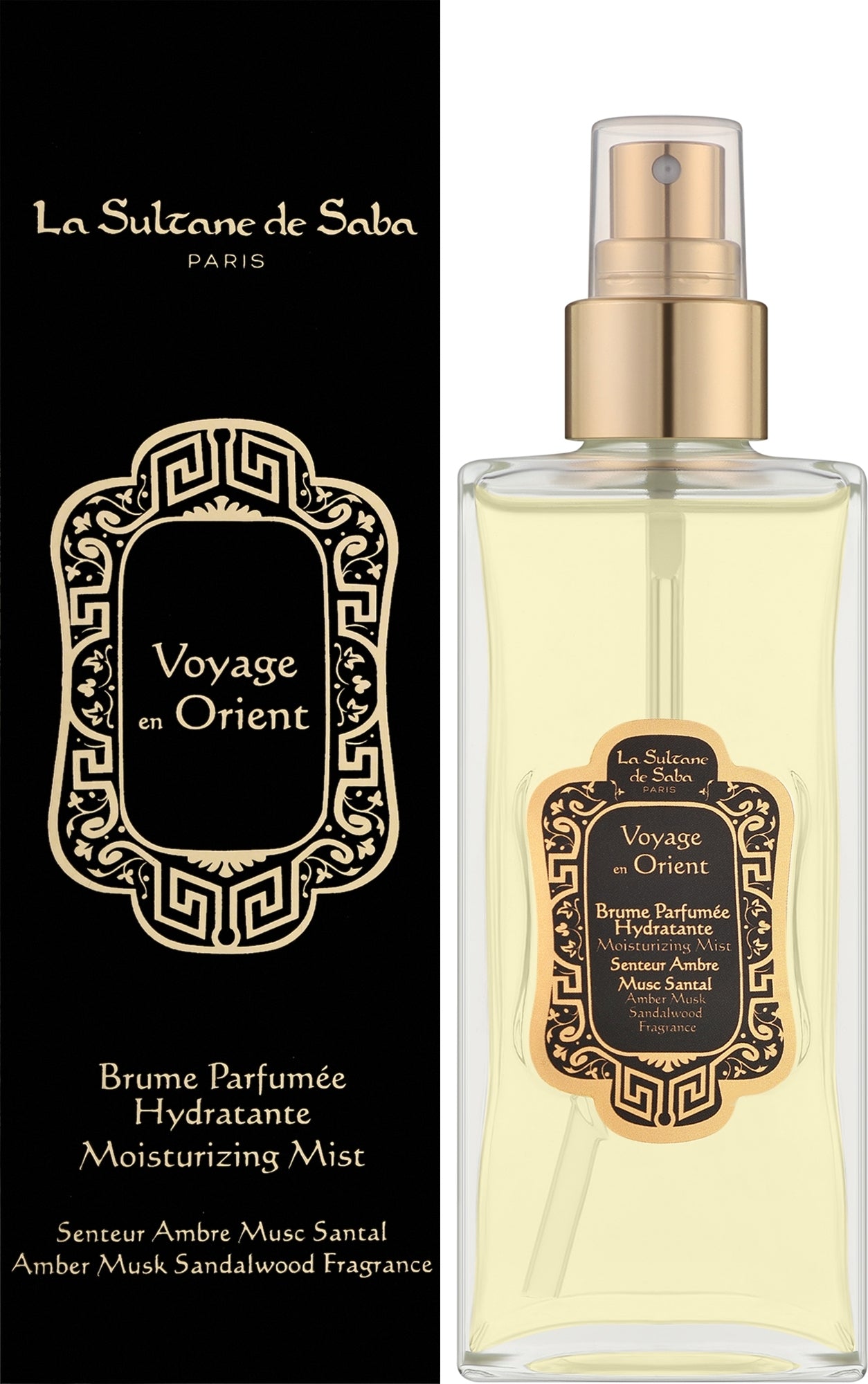 La Sultane de Saba Voyage en Orient Amber Musk Sandalwood Fragrance, showing the clear glass spray bottle filled with pale amber liquid next to its black and gold outer packaging box.