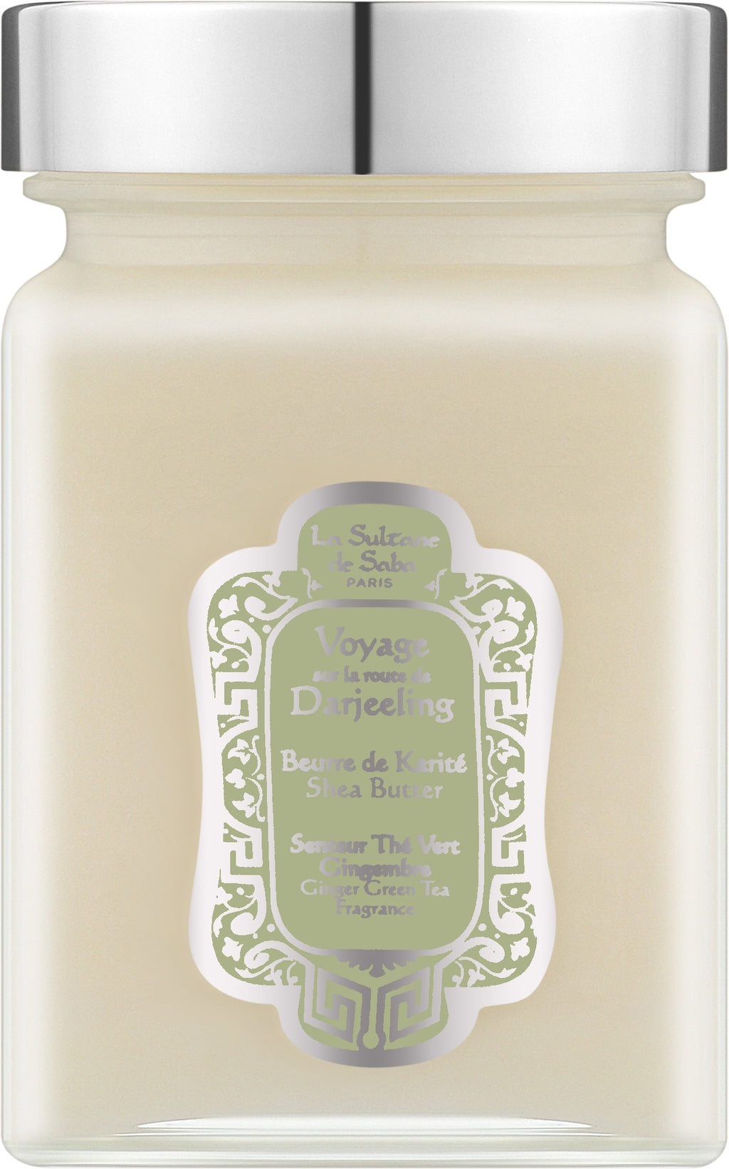 A jar candle with a silver metal lid and a cream-colored wax inside, featuring a decorative green and white label that reads 'Le Souffle du Sel Paris' and 'Voyage de la musc de D'arjeeling'.