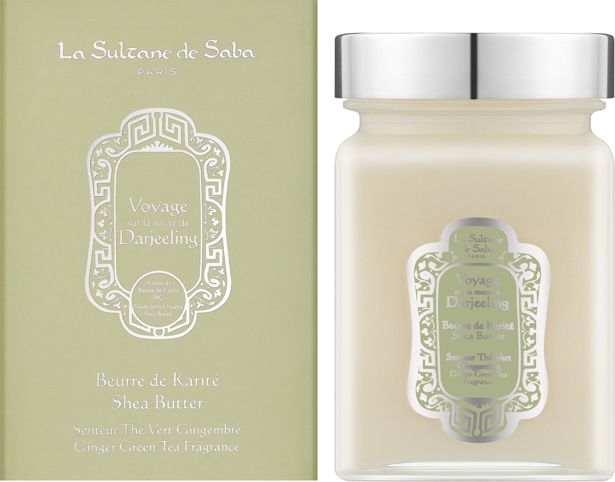 La Sultane de Saba Paris 'Voyage' Shea Butter fragrance shown with its sage green outer box and the clear glass jar containing the cream-colored wax, both featuring a silver lid.