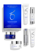 Skin brightening retinol skincare set with blue and white boxes and several tubes