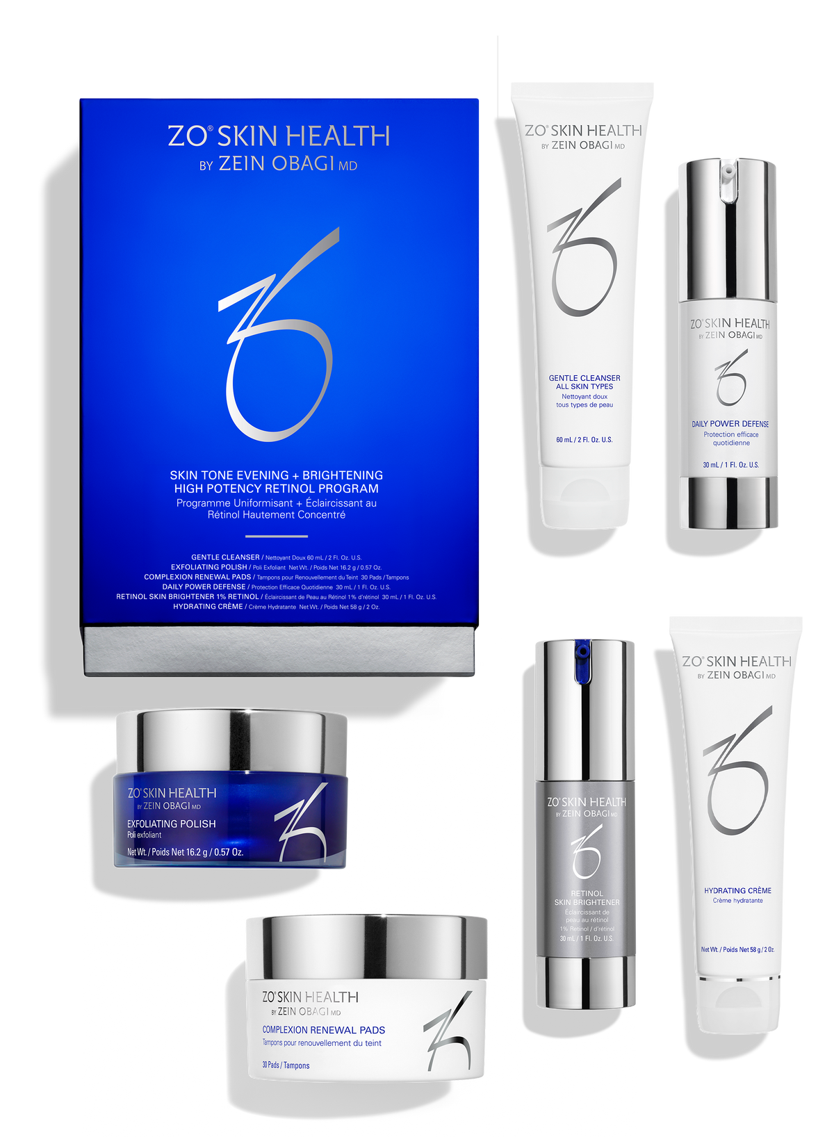 Skin brightening retinol skincare set with blue and white boxes and several tubes