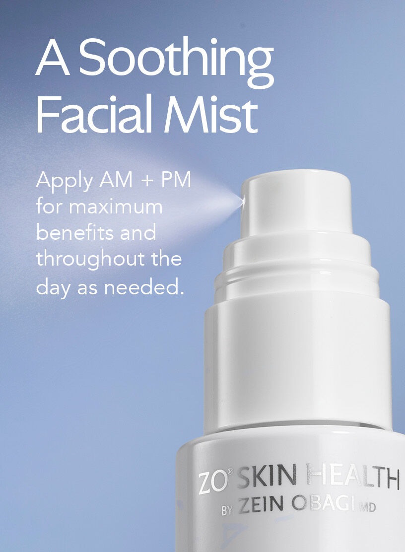 ZO Skin Health facial mist bottle with text on a blue background