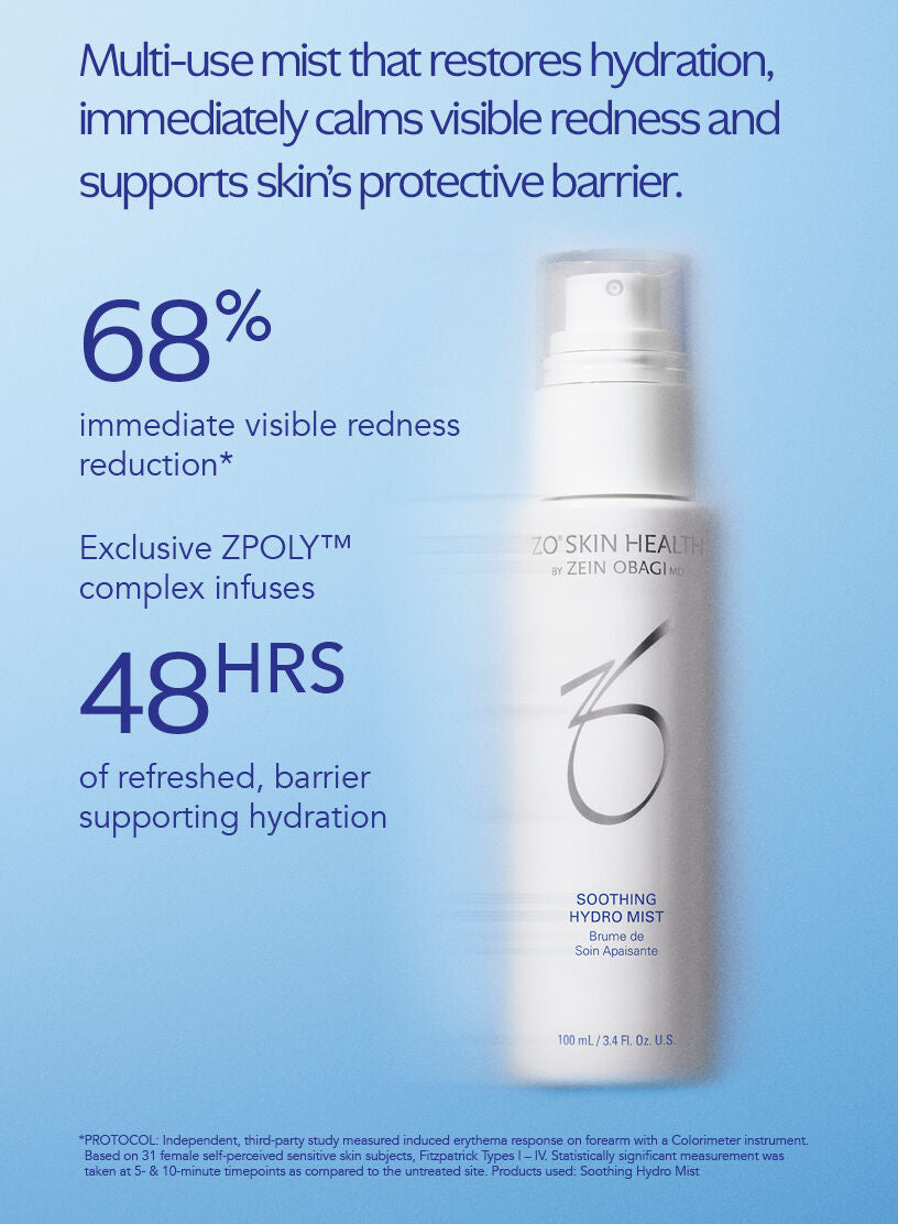 ZO Skin Health Soothing Hydro Mist bottle with product description on a blue background