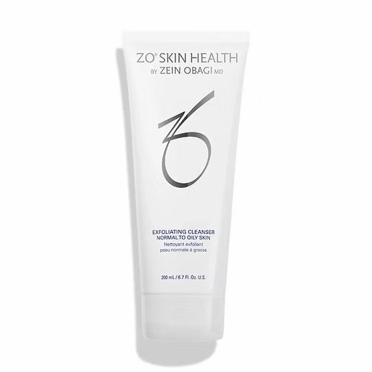 A white squeeze tube of ZO Skin Health Exfoliating Cleanser by Zein Obagi MD, featuring a large stylized '6' logo and black text, set against a plain white background.
