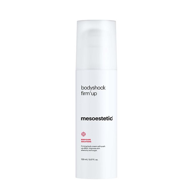 Mesoestetic bodyshock firm'up skincare product packaging on a white background