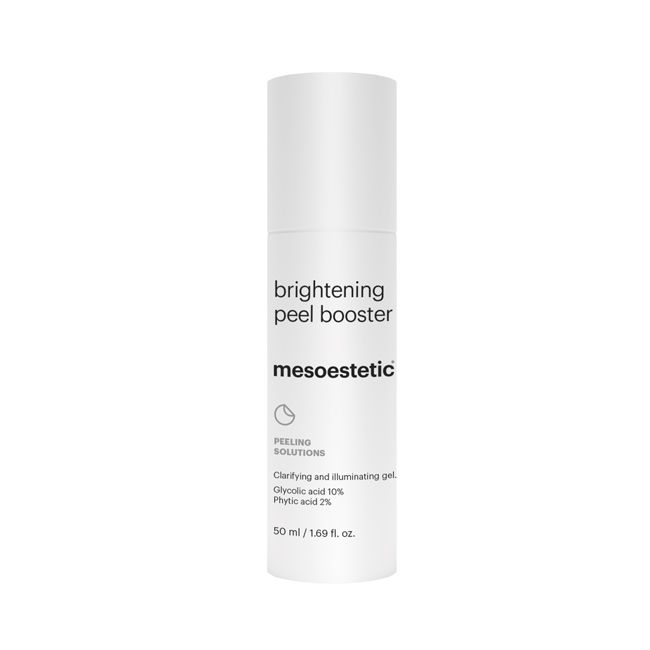A white cylindrical bottle of Mesoesthetic Brightening Peel Booster with black text, centered on a plain white background.