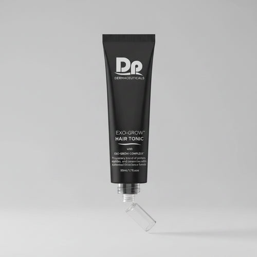 Dp Dermaceuticals™ EXO-GROW hair tonic squeeze tube, black with silver pump cap