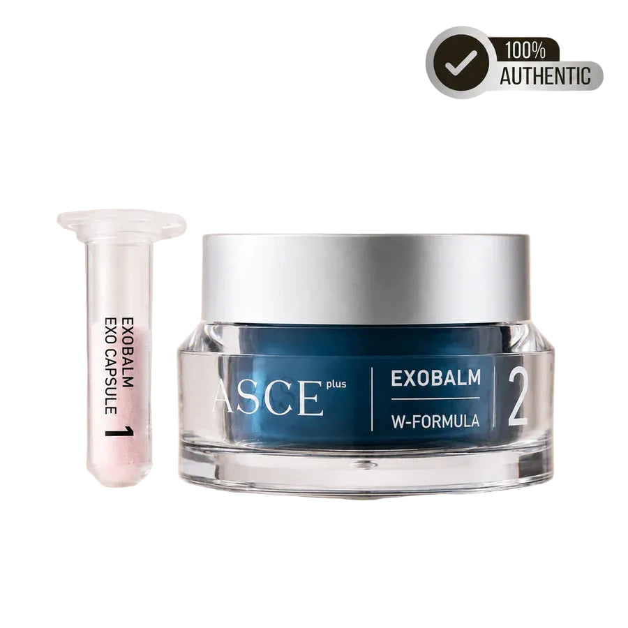 A cosmetic jar labeled ASCE Exobalm W-Formula next to a small vial of Exobalm ExoCapsule 1, on a reflective beige surface with a '100% Authentic' badge in the top right corner.