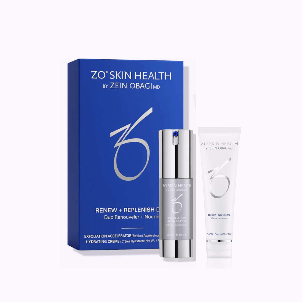 Skincare duo set with blue box, metallic pump bottle, and hydrating cream tube